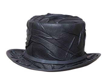 Handcrafted Textured Black Leather Top Hat – Steampunk Cosplay Accessory