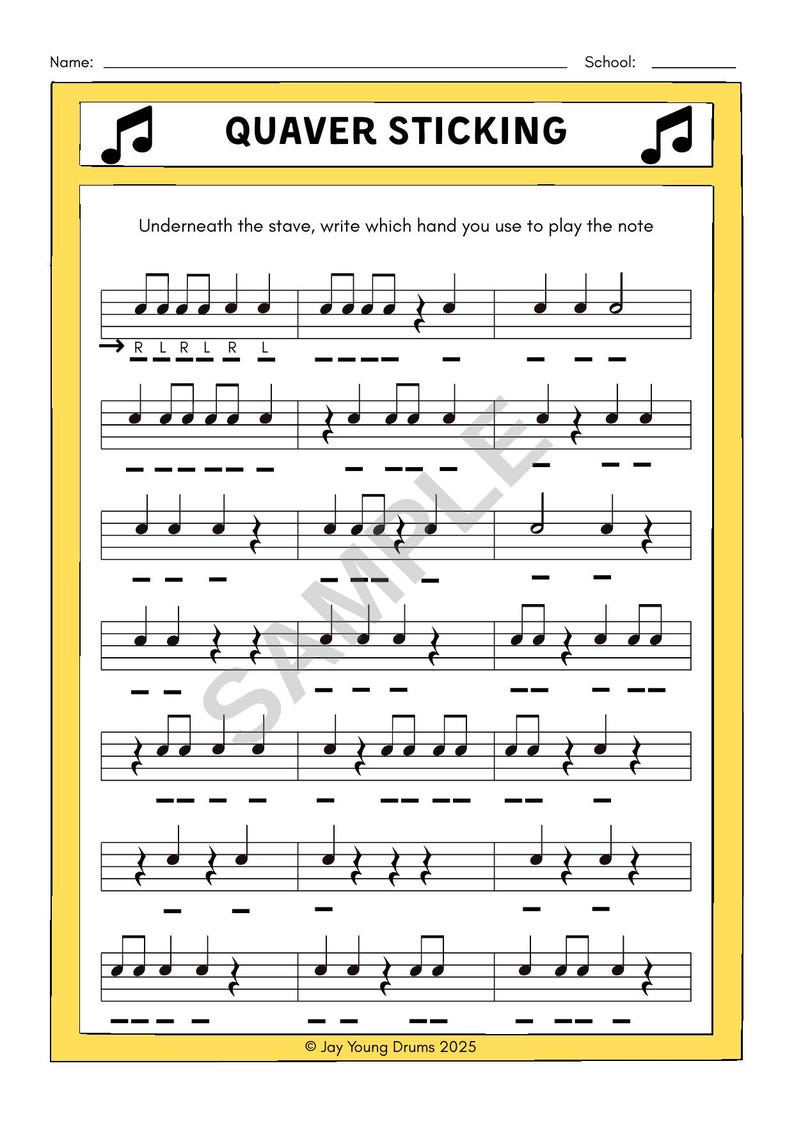 Drum Sticking Worksheets Beginner Percussion Practice Sheets 
