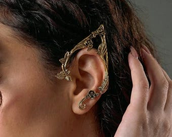 Gold elf ear cuff, Elven ear pair, Floral ear cuff, Fairy ear cuff no piercing, Fairy ear cuff gold, Fairy elf earrings, Elven ear wrap