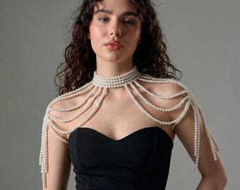 Pearl shoulder chain, Bridal shoulder necklace, Pearl wedding shoulder necklace, Pearl cape wedding, Bridal shoulder cape, Pearl body chain