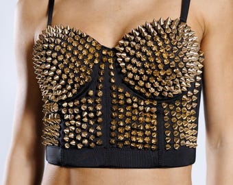 Spiked Corset Top, Studded Crop Top, Gothic corset top, Punk Bustier, Goth Bustier, Metal Spike Crop, Black Corset Top, Gold Corset Top
