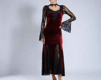Velvet Lace Gothic Dress, Gothic Velvet Long Dress, Lace Bell Sleeve Dress, Gothic Evening Dress, Gothic Maxi Dress, Red Velvet Gothic Dress