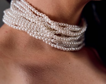 Pearl choker necklace, Layered pearl choker,Multilayer pearl choker,Pearl wedding jewelry,Multistrand choker,Pearl collar,White pearl choker