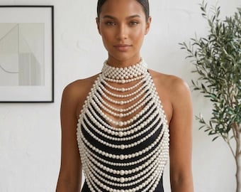 Top de perlas para el cuerpo, collar de perlas para el cuerpo, arnés de perlas, joyas para el pecho, top de novia, joyas de boda, collar de capas, top para festivales y fiestas.