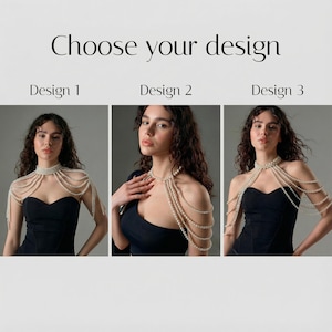 Pode incluir: Imagem com tr&ecirc;s designs de joias corporais de p&eacute;rolas. Cada design &eacute; modelado em uma pessoa usando um top preto. O texto "Choose your design" est&aacute; no topo, com "Design 1", "Design 2" e "Design 3" abaixo.