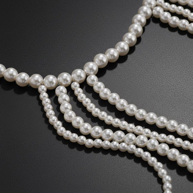 Pode incluir: Close-up de um colar de p&eacute;rolas de v&aacute;rias voltas. O colar apresenta v&aacute;rias voltas de p&eacute;rolas brancas e redondas de v&aacute;rios tamanhos, caindo em cascata. As p&eacute;rolas s&atilde;o amarradas juntas, criando um efeito em camadas. O fundo &eacute; preto s&oacute;lido.