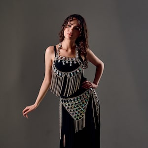 Conjunto de cadena de cristal, conjunto de cristales para festival, falda superior con cadena para rave, conjunto de joyería corporal, disfraz de danza del vientre, conjunto de cadena de diamantes de imitación, sujetador de cristal