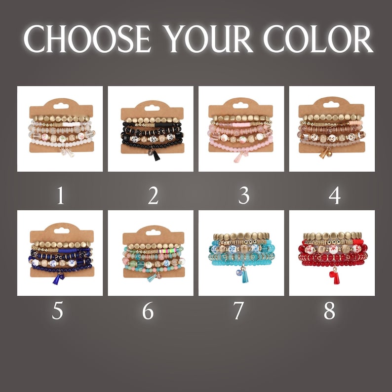 May include: The image displays eight sets of beaded bracelets in various colors, each on a cardboard backing. The text "CHOOSE YOUR COLOR" is at the top. The bracelets include white, black, pink, brown, blue, turquoise, and red.