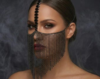 Collana per il viso con strass, gioielli per il viso con cristalli, velo gotico per il viso, maschera nera con cristalli, collana per il viso per festival, accessorio per il viso di tendenza
