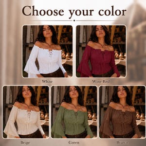 K&ouml;nnte beinhalten: Eine schulterfreie Bluse mit langen Glocken&auml;rmeln, einer gesmokten Taille und einer Schn&uuml;rung vorne. Das Bild zeigt f&uuml;nf Farbvarianten, die unter der &Uuml;berschrift Choose your color als White, Wine Red, Beige, Green und Brown beschriftet sind.