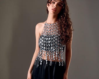 Top com corrente de strass, Top de cristal para festivais, Top com corrente para raves, Bijuteria corporal para festivais, Top com corrente para festas, Roupa para raves, Top brilhante, Sutiã com corrente