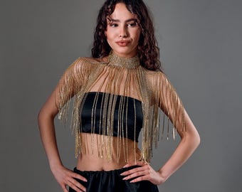Peça de ombro com corrente de ouro, Corrente corporal para mulheres, Top com corrente para festival, Joias de ombro de ouro, Top com franjas de ouro, Colar com franjas de corrente, Top rave