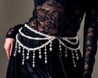 Pearl waist chain, Pearl body chain belt, Pearl hip chain, Beaded waist belt, Festival pearl belt, Belly chain pearl, Rave pearl belt