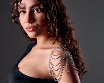 Cadena de hombro, pieza de hombro de cristal, cadena de hombro con diamantes de imitación, joyería corporal para festivales, cadena de hombro brillante, joyería de hombro para novias