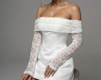 Vestido branco de renda com ombros à mostra, Vestido de noiva de renda, Vestido de noiva curto de renda, Vestido de noiva curto de manga comprida, Vestido de noiva branco de renda