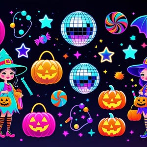 Neon Halloween Clipart Set: Hexe, Kürbisse, Fledermäuse
