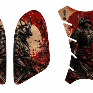 May include: A set of three adhesive motorcycle tank protectors featuring a dark samurai warrior in armor with a skull motif, set against a red sun and cherry blossom background. The design includes Japanese kanji characters for Bushido.