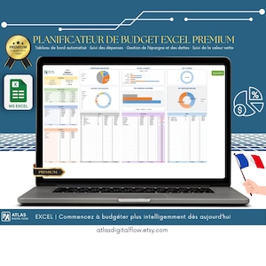 May include: A laptop showing an Excel budget planner interface with charts and data. Text includes "PLANIFICATEUR DE BUDGET EXCEL PREMIUM" and "MS EXCEL". A small French flag is visible. The screen displays financial data.