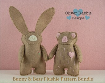 Bunny & Bear PATTERN BUNDLE, Felt Sewing Pattern, Stuffed Animal Sewing Pattern, Baby Shower Gift, Stocking Stuffer,  DIY Handmade Gift