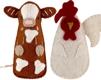 PDF Felt Ornament Pattern Pair, Cow and Rooster, Mini Stuffies, Felt Farm Animals, Barnyard Friends, DIY Handmade Gift