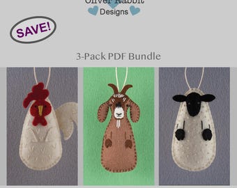 Felt Rooster, Goat and Sheep Ornament, PDF Sewing Pattern Bundle, Farm Animals, DIY Handmade Craft