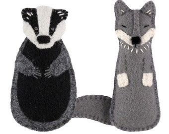 PDF Felt Ornament Pattern Pair, Badger and Wolf, Mini Stuffies, Felt Forest Friends, DIY Handmade Gift