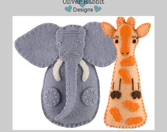 Felt Elephant and Giraffe Sewing Pattern Pair, Safari Animals, Mini Stuffies, DIY Handmade Craft