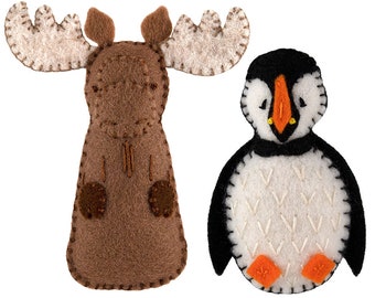 PDF Felt Ornament Pattern Pair, Moose and Puffin, Maine Animals, DIY Handmade Gift