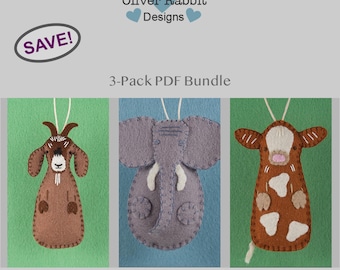 May include: A 3-Pack PDF Bundle featuring felt animal ornaments: a brown goat, a gray elephant, and a brown and white cow. Each ornament has a stitched outline and a string for hanging. The image includes the text "Oliver Rabbit Designs" and "SAVE!"