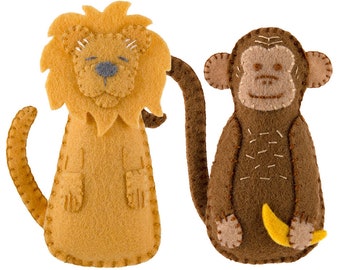 PDF Felt Ornament Pattern Pair, Lion and Monkey, Mini Stuffies, Felt Safari Animals, Jungle Animals, DIY Handmade Gift