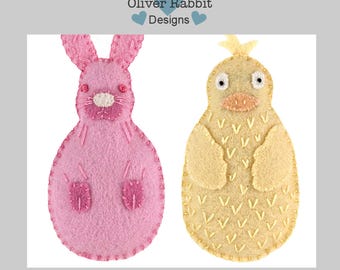 Felt  Bunny Rabbit & Baby Chick Ornament Sewing Pattern Pair, Easter Ornaments, DIY Handmade Craft