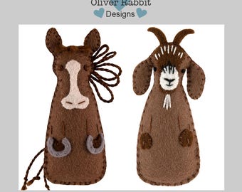 Felt Horse and Goat Ornament Sewing Pattern Pair, Farm Animals, DIY Handmade Craft