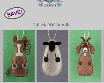Felt Horse, Sheep and Goat Ornament, PDF Sewing Pattern Bundle, Farm Animals, DIY Handmade Craft