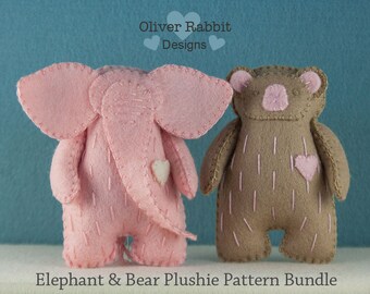 Elephant & Bear PATTERN BUNDLE, Felt Sewing Pattern, Stuffed Animal Sewing Pattern, Baby Shower Gift, Stocking Stuffer,  DIY Handmade Gift