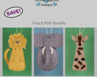 Felt Lion, Elephant and Giraffe Ornament, PDF Sewing Pattern Bundle, Jungle Theme, DIY Handmade Craft