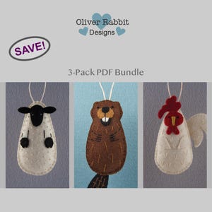 May include: A 3-pack PDF bundle of felt animal ornaments. The ornaments include a sheep, a beaver, and a rooster. The sheep is white with black accents, the beaver is brown, and the rooster is white with red accents. The text "Oliver Rabbit Designs" and "3-Pack PDF Bundle" are visible.