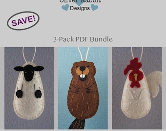 Felt Sheep, Beaver and Rooster Ornament, PDF Sewing Pattern Bundle, DIY Handmade Craft