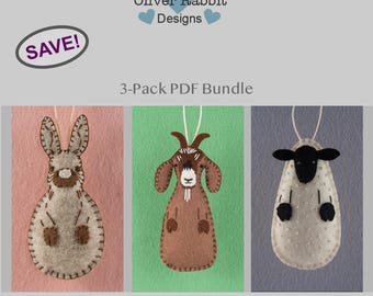 Felt Rabbit, Goat and Sheep Ornament, PDF Pattern Bundle,  Farm Theme, DIY Handmade Craft