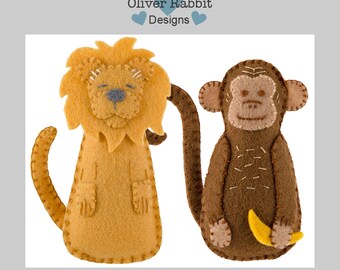 Felt Lion and Monkey Ornament Sewing Pattern Pair, Jungle Stuffies, DIY Handmade Craft