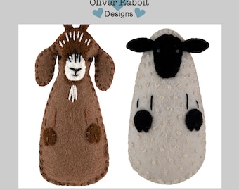 Felt Goat and Sheep Ornament Sewing Pattern Pair, Mini Stuffies, DIY Handmade Craft