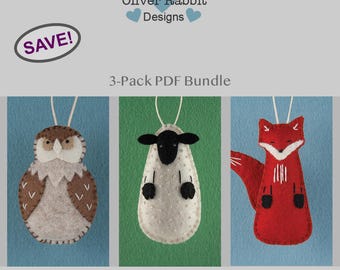 Felt Owl, Sheep and Fox Ornament, PDF Sewing Pattern Bundle, DIY Handmade Craft