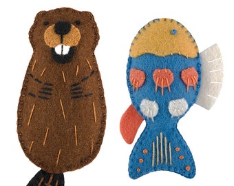 PDF Felt Ornament Pattern Pair, Beaver and Fish, Mini Stuffies, DIY Handmade Gift