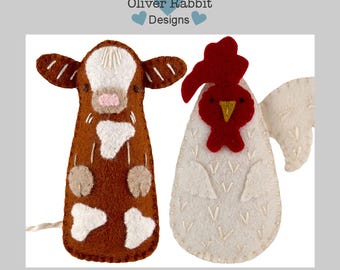 Felt Cow and Rooster Ornament Sewing Pattern Pair, Farm Mini Stuffies, DIY Handmade Craft