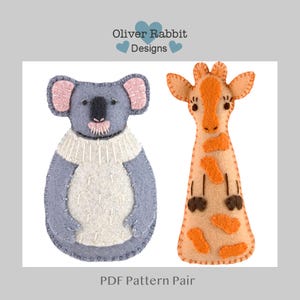 Felt Koala and Giraffe Ornament Sewing Pattern Pair, Mini Stuffies, Jungle Animals, DIY Handmade Craft