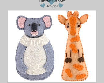 Felt Koala and Giraffe Ornament Sewing Pattern Pair, Mini Stuffies, Jungle Animals, DIY Handmade Craft