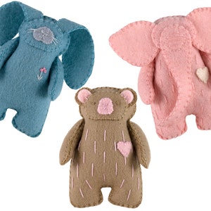 PDF Felt Stuffie Pattern Bundle, Rabbit ~ Bear ~ Elephant Pattern, Soft Toy Pattern, Hand Sewing, Felt Craft, DIY Handmade Gift