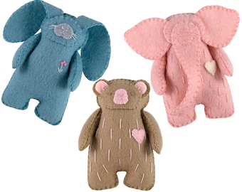 PDF Felt Stuffie Pattern Bundle, Rabbit ~ Bear ~ Elephant Pattern, Soft Toy Pattern, Hand Sewing, Felt Craft, DIY Handmade Gift