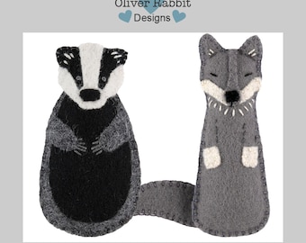 Felt Badger and Wolf Ornament Sewing Pattern Pair, Forest Friends, DIY Handmade Craft
