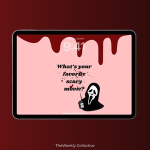 Puede incluir: Una tableta digital muestra un fondo rosa con un dise&ntilde;o de goteo de sangre. El texto "What's your favorite scary movie?" aparece, junto con un personaje de Ghostface en blanco y negro. La hora es 9:41 y la fecha es el 6 de junio.