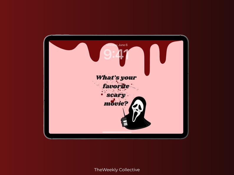 Puede incluir: Una tableta digital muestra un fondo rosa con un dise&ntilde;o de goteo de sangre. El texto "What's your favorite scary movie?" aparece, junto con un personaje de Ghostface en blanco y negro. La hora es 9:41 y la fecha es el 6 de junio.